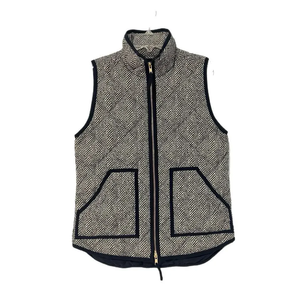 J. Crew Women’s Quilted Down Puffer Vest XS Houndstooth Black White Gold Preppy